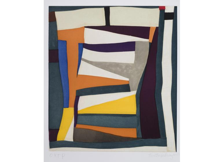 Abstract print of loose geometric shapes in flat saturated colors as well as white and grey.