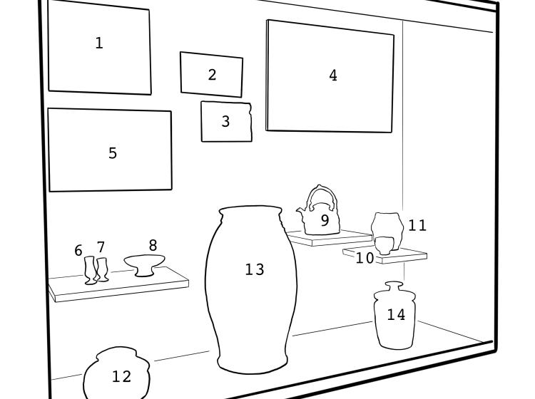 A diagram showing the position within the display case of each artwork in this collection. The pieces are numbered, corresponding to the information below.