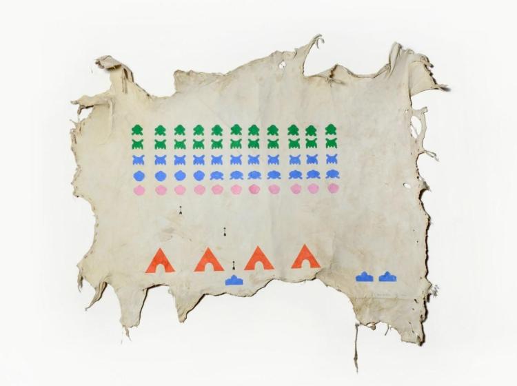 A painting on deer hide that simulates the 1980s Atari game Space Invaders, but replaces elements of the game with images of teepees and arrows. 