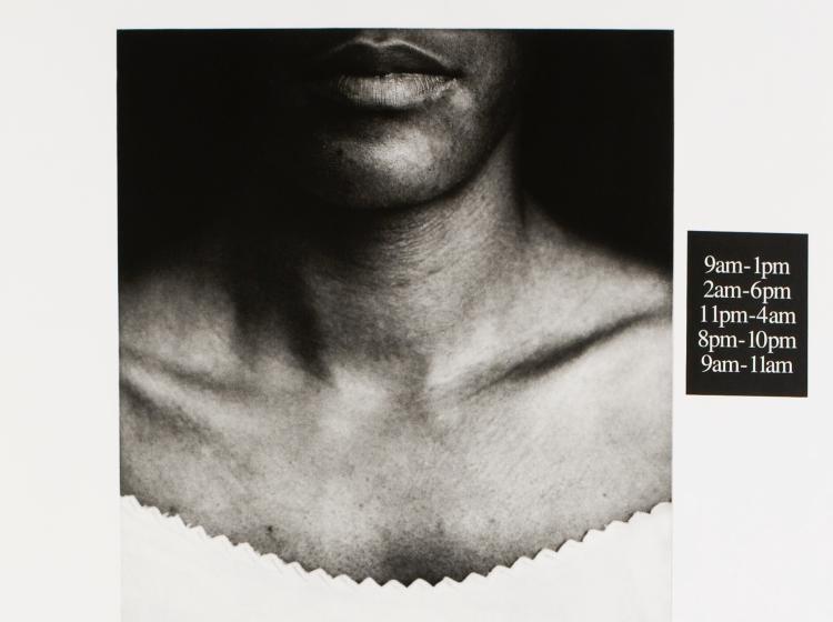 Close-up of the upper portion of the artwork, showing a person’s lower face and upper torso in black and white. On the right is a box with text, with a series of times such as “9am-1pm.”