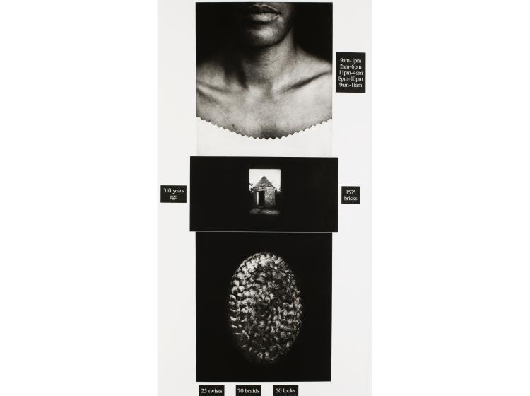 A composition of three black and white photographs arranged vertically with accompanying black text boxes holding white text.