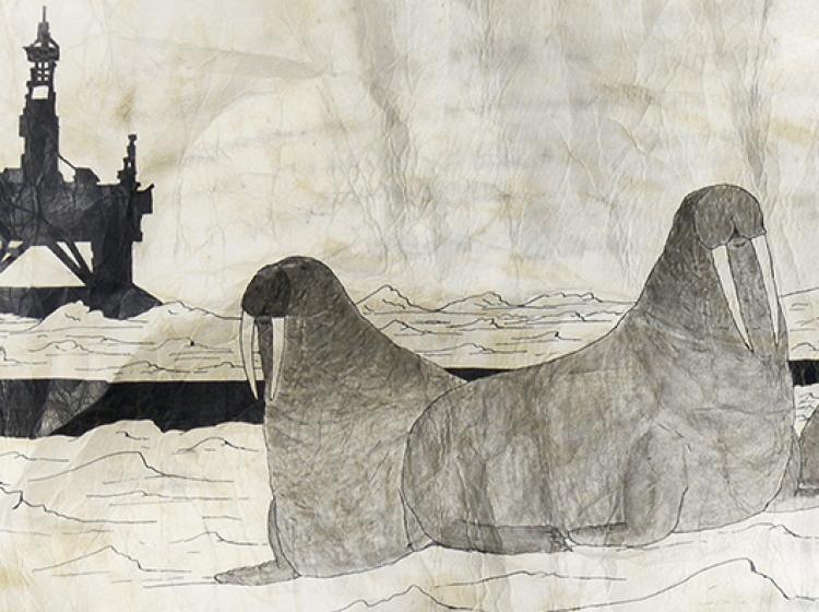Close-up of a drawing of a two walruses in black and white ink, with a dark oil rig in the background.