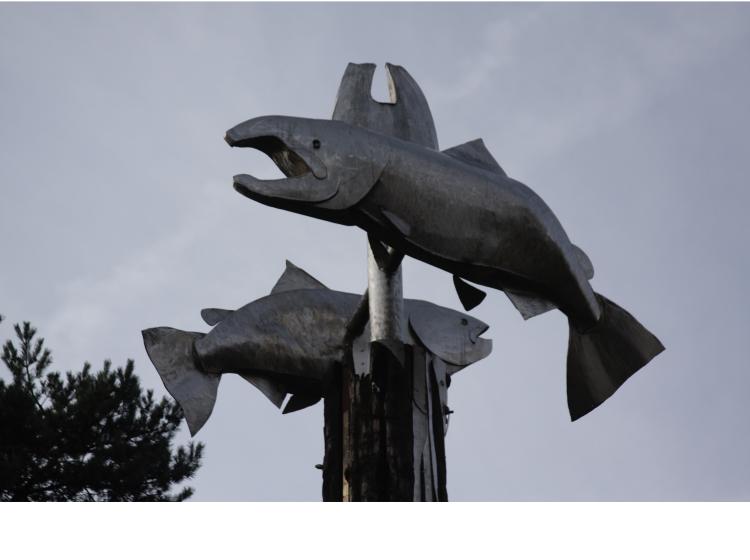 Close-up of two large metal salmon that appear at the top of the pole. They are swimming in opposite directions, attached just above the top of the pole.