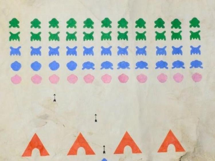 Close-up of the artwork, showing the "aliens," teepees and arrows.