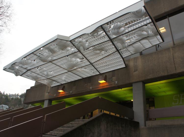 The artwork is seen from father away. It forms a canopy over the steps leading into the Science Research and Teaching Center.