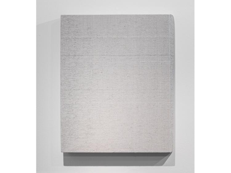 An abstract 2D artwork of grey woven fiber stretched on a canvas, resembling a painting