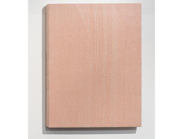 An abstract 2D artwork of pink woven fiber stretched on a canvas, resembling a painting