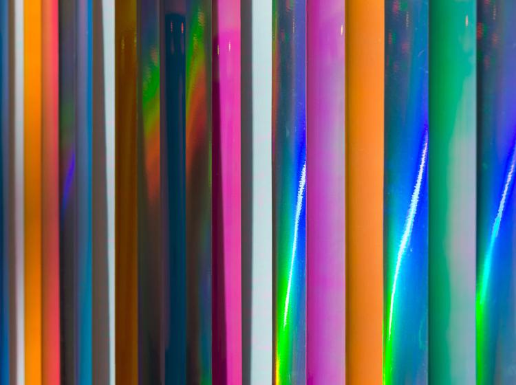 Close-up of the multicolored reflective blinds, viewed at a straight-ahead angle