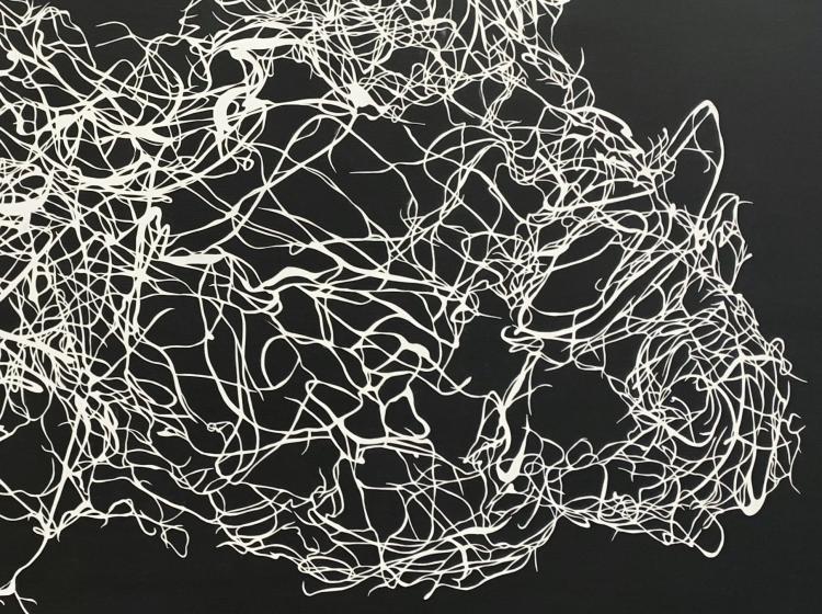 Close up of the artwork, an abstract composition of a delicate white tangle of lines on a black background