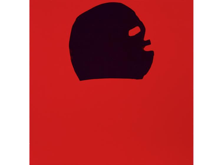Abstract print of a luchador mask, in navy on red