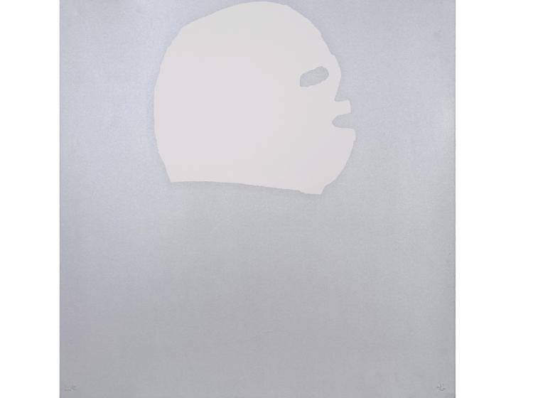 Abstract print of a luchador mask, in white on grey
