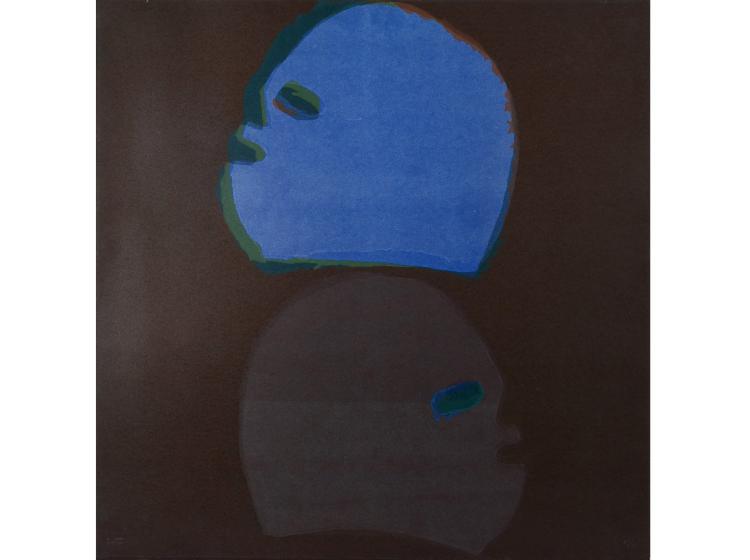 Abstract print of two luchador masks, in blue and purple on brown