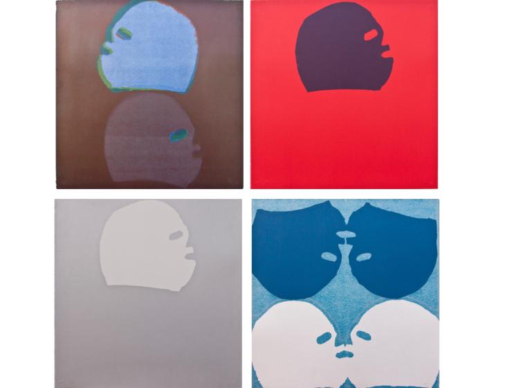 Four similar artworks are shown in a grid. Each is a print with a simple image of a masked luchador face in profile. The colors and number of faces in each print vary