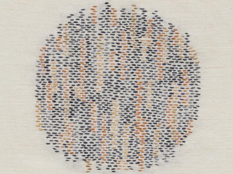 Detail image of Heather Watkins Fathoming. Circular embroidery of varying blue, orange, and yellow threads