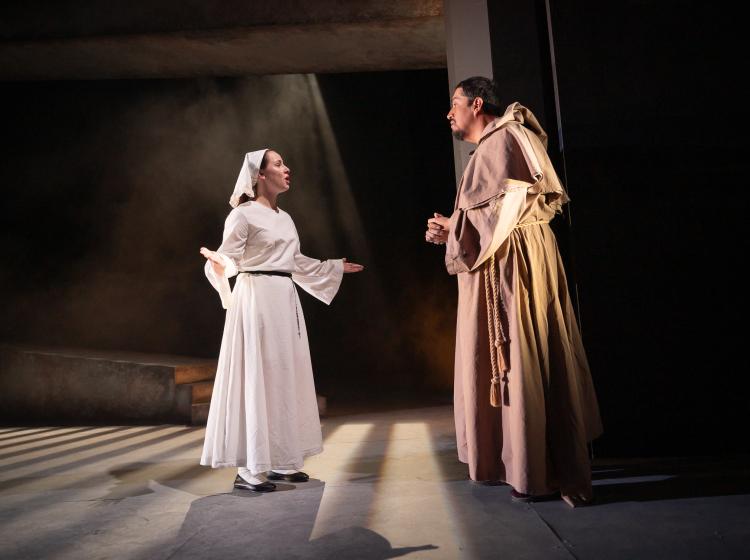 PSU Theater's production of "Measure for Measure." The Duke and Isabella speaking.