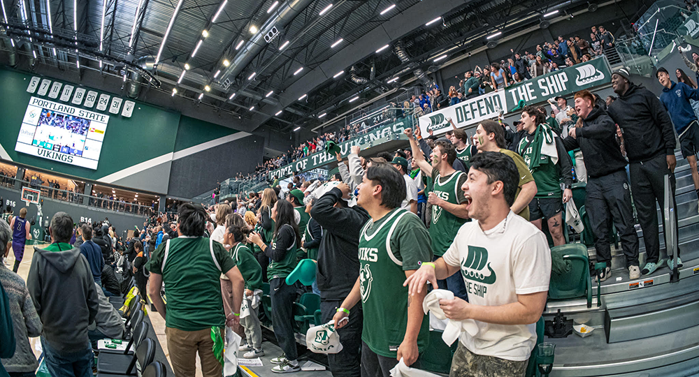 PSU students cheering for the Vikings at a basketball game