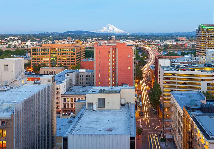 Portland Oregon downtown cityscape with Mt Hood view