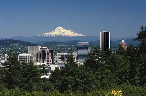 A view of Portland with Mt. Hood in the background