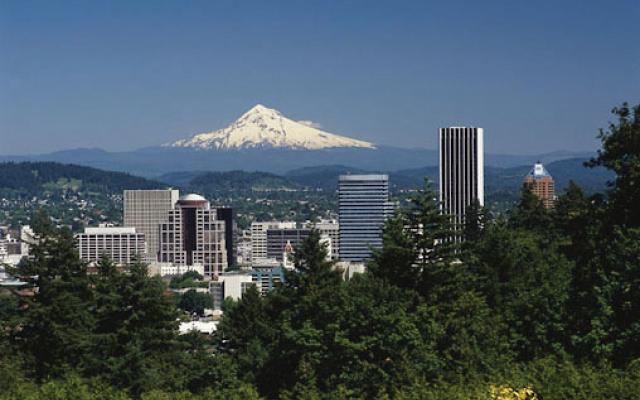 A view of Portland with Mt. Hood in the background
