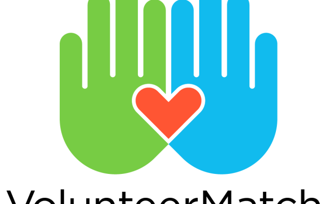 VolunteerMatch logo features a green hand and a blue hand connected by a red heart