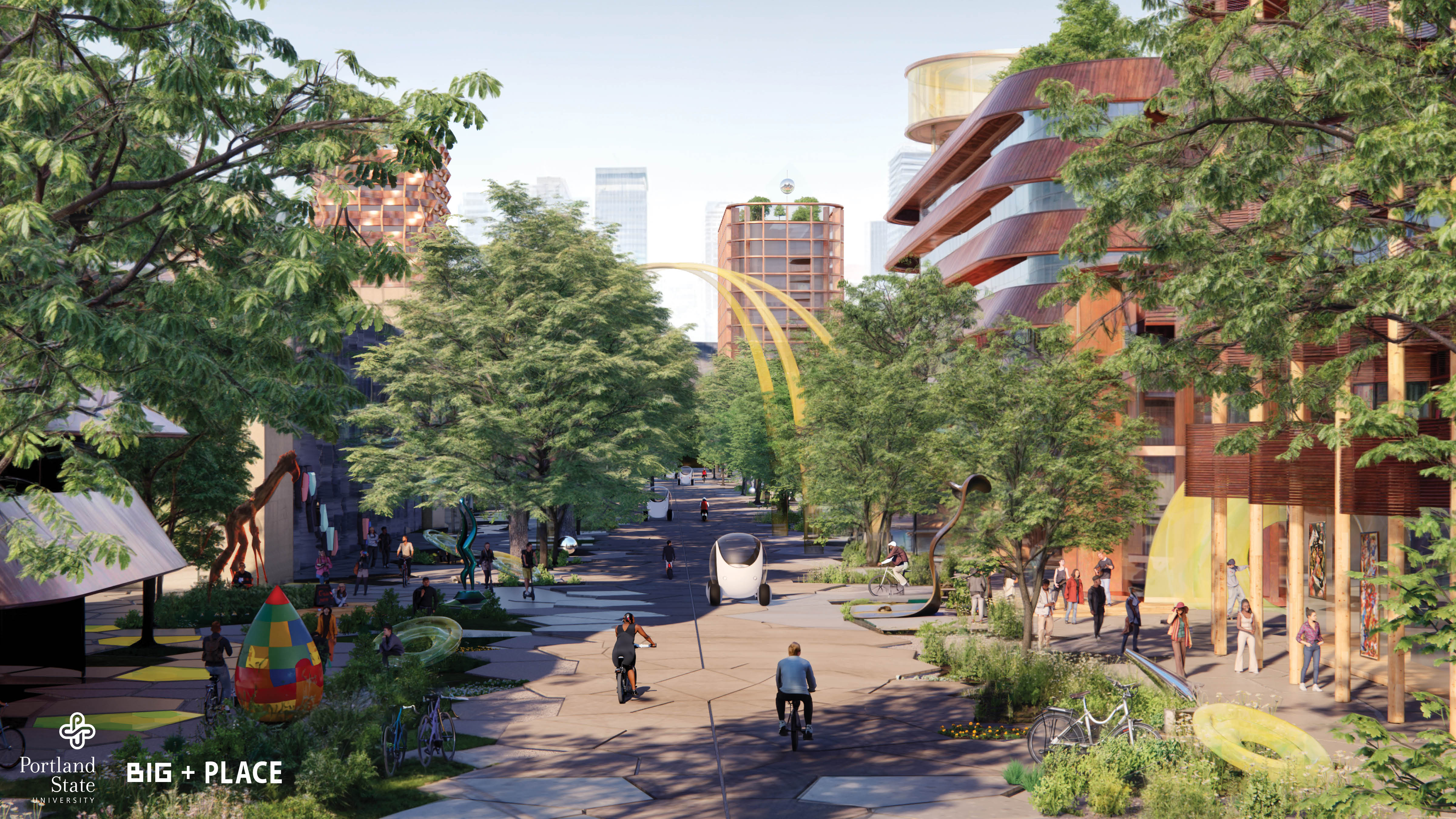 A view of Big Place's plan, including a wide pedestrian friendly street lined with trees