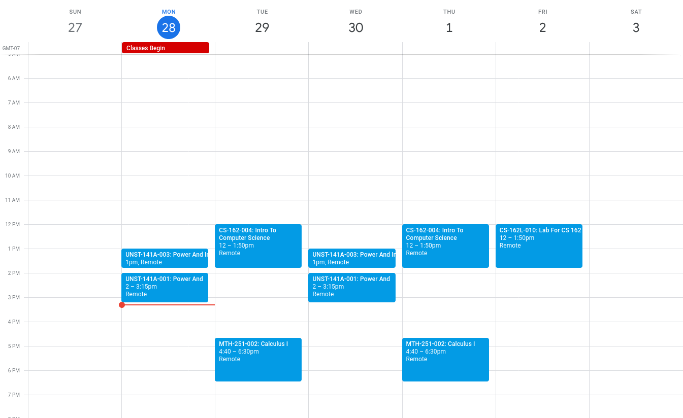 Google Calendar with PSU Class Time