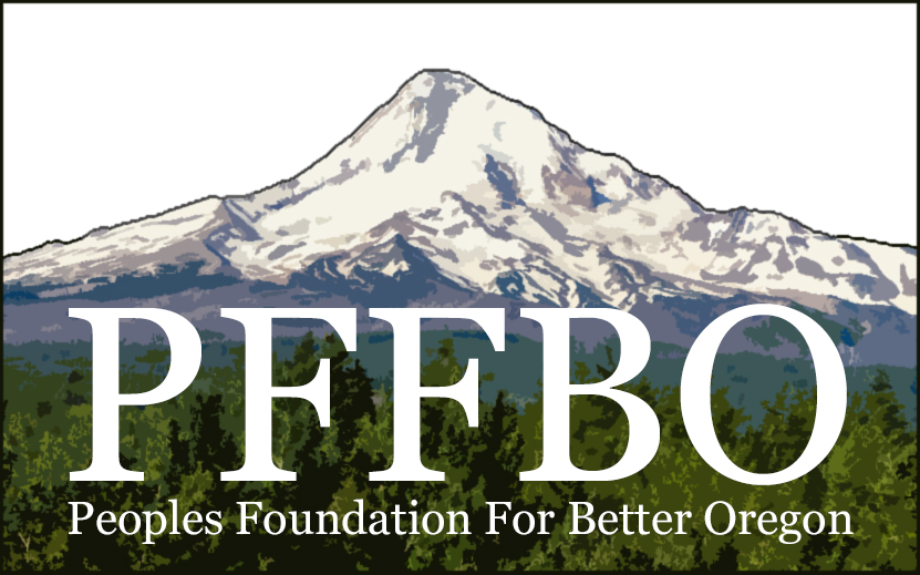 Logo of Peoples Foundation for Better Oregon with a drawn picture of Mount Hood in the background