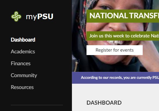 Screenshot of the Dashboard from MyPSU website