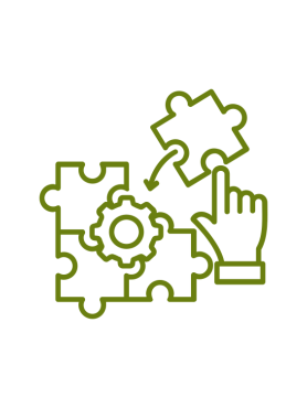 four green puzzle pieces with a gear in the middle and a finger pointing to one about to be interlocked with the others