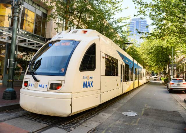 TriMet Max moving down the Downtown Portland Streets