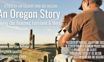 A man and a child ride a tractor over some farmland. Text details of the film are overlaid.