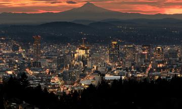 Portland at dusk with Mt. Hood in the background