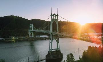 The St. John's Bridge in Portland at sunset.