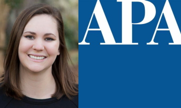 A photo of Holly Querin next to the APA logo (a blue background with the letters "APA" in white)