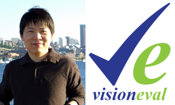 A photo of Liming Wang on the left, and the logo of VisionEval on the right