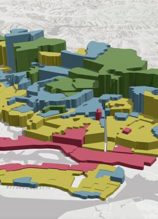 A colorful, 3D map of a city, with each section of the city being a different color/height