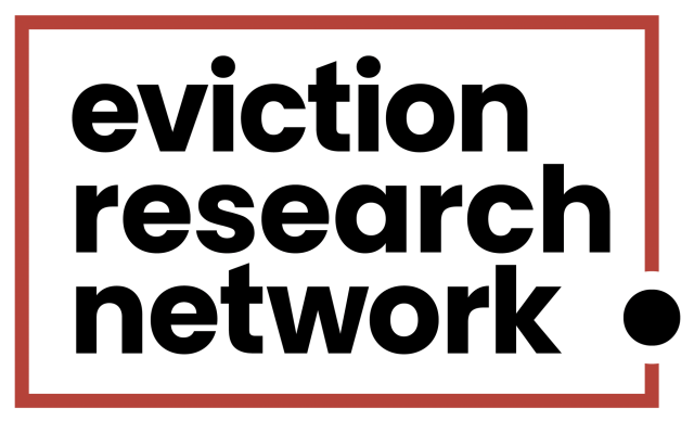 left aligned black letters saying "Eviction Research Network" with a red border around them